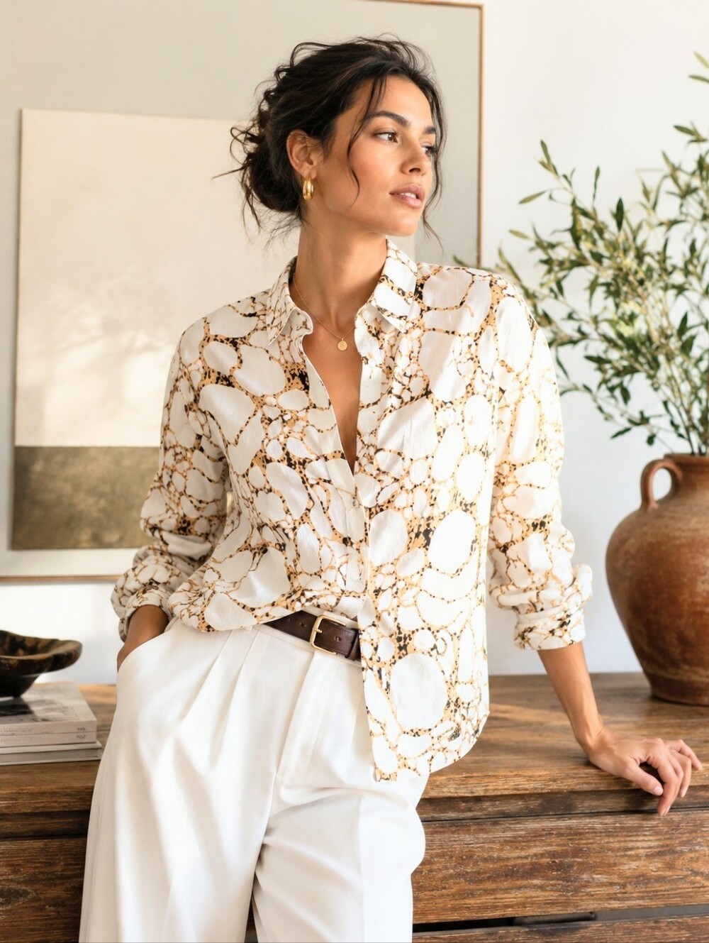 2010s Abstract Print Button Down Blouse XS